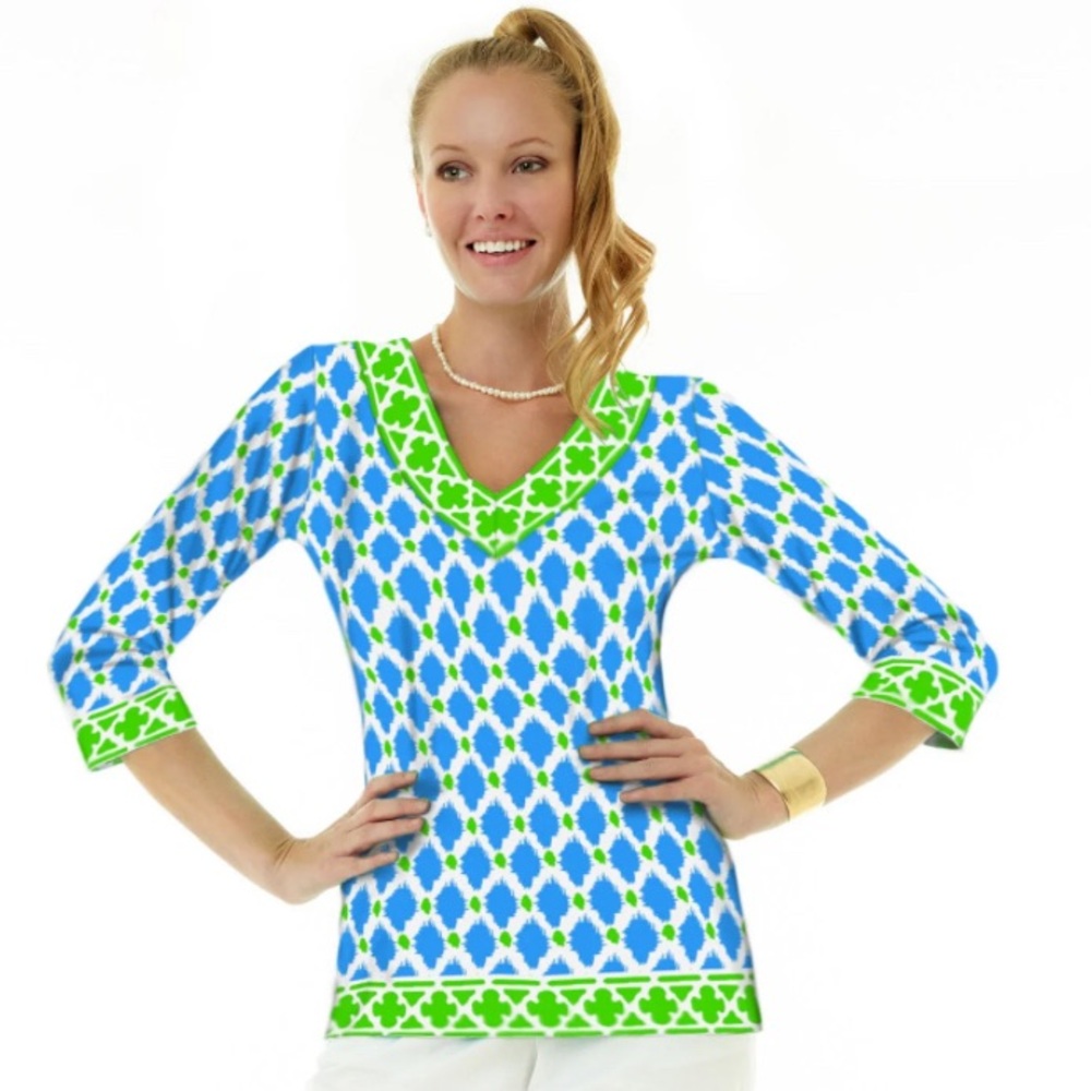 Barbara Gerwit Summer geometric bright blue green print top M 3/4 length sleeves
